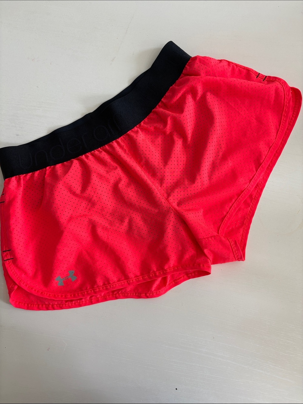 Under Armour Women’s Neon Coral Pink Athletic Shorts with Black Waistband